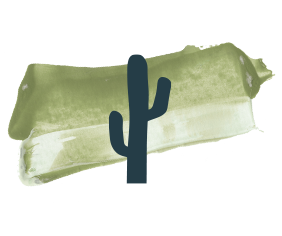 A green abstract paint streak with a cactus silhouette overlay in dark blue captures the essence of Saddleback, reminiscent of Peoria AZ's vibrant landscapes.