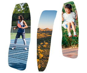 Collage of three images: person playing pickleball, the Saddleback desert landscape, and child on a swing, capturing the vibrant lifestyle that Peoria AZ offers.