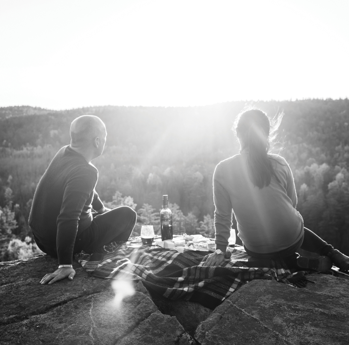 Two people sit on a blanket, enjoying a picnic with wine, overlooking Peoria AZ's forested valley under bright sunlight. The tranquil scene is reminiscent of the serene surroundings you'd find in Saddleback or among Peoria's new homes.